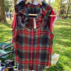 J Crew Sleeveless Ruffle Top Black Stewart Tartan